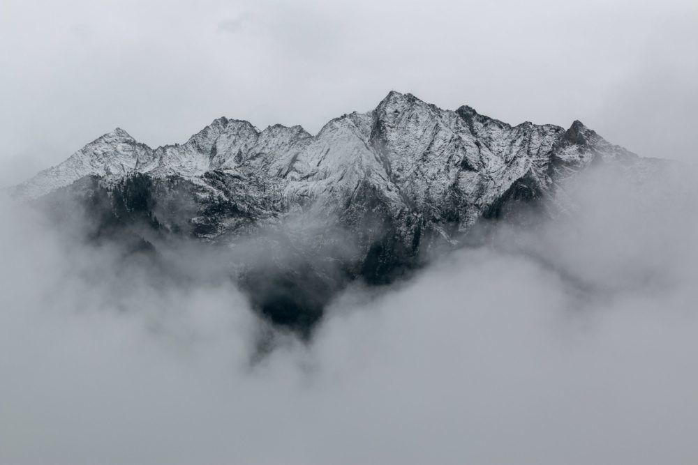 mountains in fog